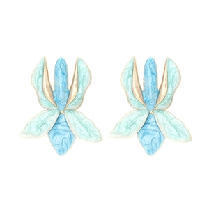 Exaggerated enamel orchid flower earrings with gold base and blue petal marble texture
