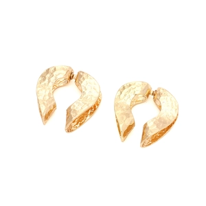 Gold heart drop earrings with hammer textured finish in retro layered metal design