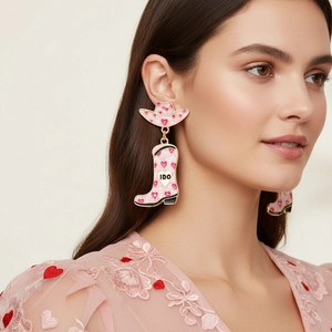 Western Cowboy Hat And Boot Dangle Earrings Alloy Enamel Heart I DO Motif Jewelry With Stainless Steel Earring Post