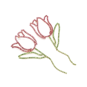 Boucles d'oreilles longues tulipes avec strass roses et verts et pompons dorés