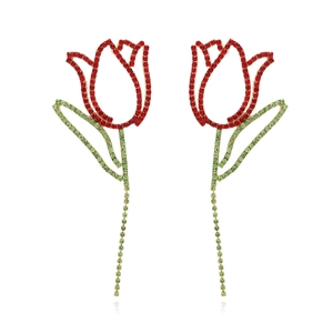 Boucles d'oreilles tulipes dorées élégantes avec strass rouges et verts en style pendant