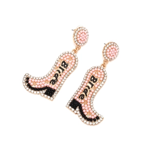 Rosa-schwarze Braut-Cowboystiefel-Ohrringe mit Strass und Bride-Schriftzug