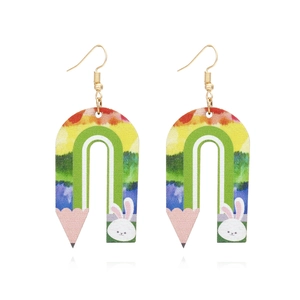 Bunny Rabbit Wood Dangle Earrings Novelty U Shaped Pencil Printed Colorful Easter Jewelry For Women
