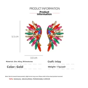 Detailed dimensions of wing-shaped earrings with colorful rhinestones in gold alloy