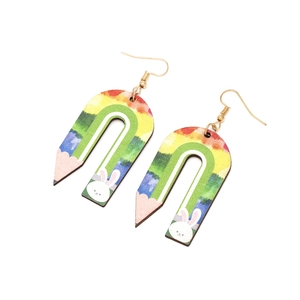 U-shaped wooden earrings with colorful floral rabbit prints and golden hooks