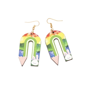 U-shaped wooden pencil earrings with floral bunny print and golden hooks for women