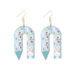 Blue wooden U-shaped pencil earrings with Happy Easter print and bunny motif