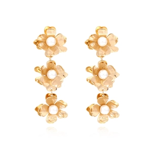 Tiered Flower Long Drop Earrings Gold Tone Metal Floral Dangle With Imitation Artificial Pearl Elegant Vintage For Women