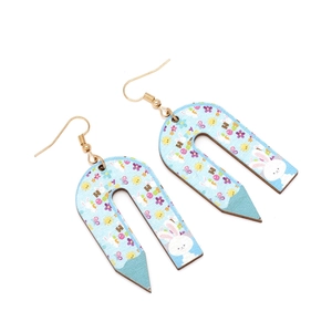 U-shaped wooden earrings with vintage rabbit floral patterns and gold metal hooks