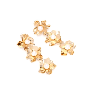 Elegant gold layered metal flower drop earrings with white pearl centers for women