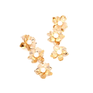Gold multi-layer flower drop earrings with white pearls in a vertical dangling design