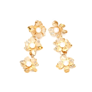 Elegant gold layered flower drop earrings with white pearls in a long vertical design