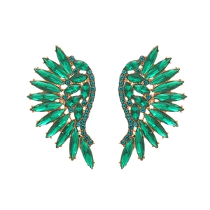Exaggerated wing-shaped drop earrings with green marquise crystals in gold settings