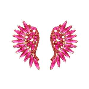Exaggerated wing-shaped drop earrings with pink rhinestones and gold alloy base
