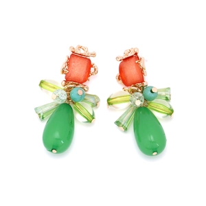Elegant multi-layered beaded teardrop earrings with green and orange gemstones in gold finish