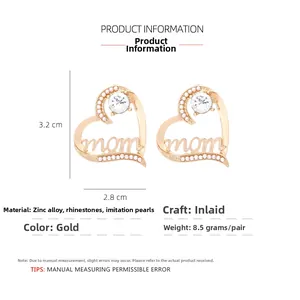 Détails des boucles d'oreilles MOM coeur doré 3,2x2,8cm avec perles et cristaux