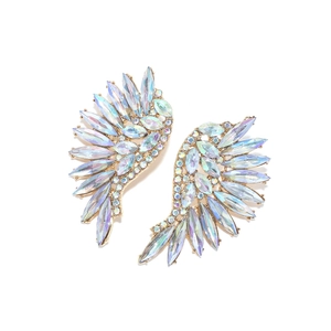 Detailed macro of wing-shaped earrings with marquise-cut aurora crystal rhinestones