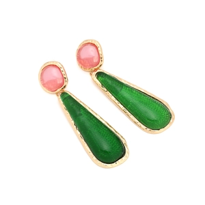 Vintage long drop earrings with pink resin studs and green water-drop pendants in gold frames