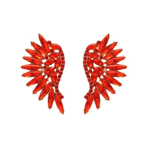 Detail of red crystal wing earrings with gold alloy plating and marquise-cut stones