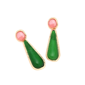 Vintage long drop earrings with pink resin stone and textured green pendant in gold