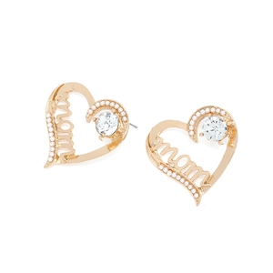 Boucles d'oreilles cœur dorées avec perles, lettrage mom et pierre de zircon brillante
