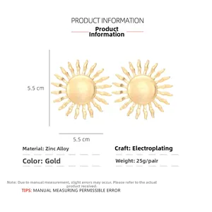 Detailed view of gold sunflower earrings made of zinc alloy with 5.5cm diameter size