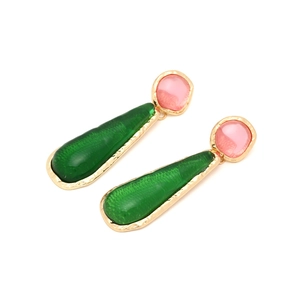 Vintage style long drop earrings featuring pink rounds and green resin teardrops in gold frames