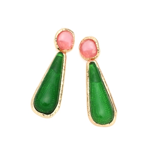 Vintage long drop earrings featuring pink round gems and green resin waterdrop pendants