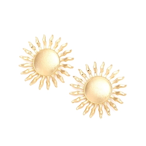 Vintage matte gold sunflower earrings with radiant sunburst design on white background