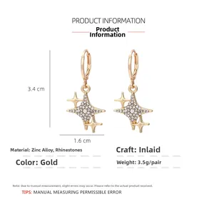 Detail view of gold star earrings with dimensions 3.4cm by 1.6cm and weight info
