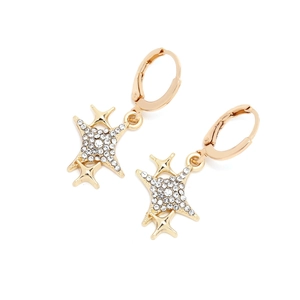Elegant gold star drop earrings with micro-pave crystals on white background