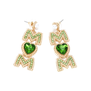 Boucles d'oreilles MOM dorées avec cristaux vert émeraude et perles nacrées
