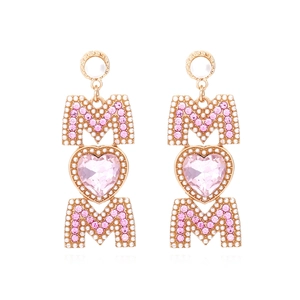 Boucles d'oreilles MOM cœur avec strass roses et petites perles dorées pour femme