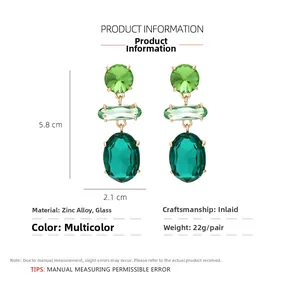 Detail view of multi-layered green crystal earrings with dimensions 5.8cm x 2.1cm