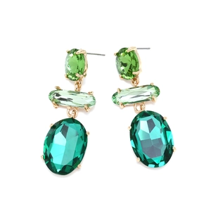 Elegant tiered geometric earrings featuring green glass crystals and gold-tone settings