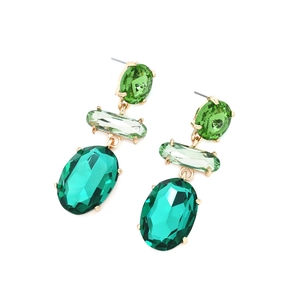 Elegant gold-tone multi-layered geometric crystal drop earrings in gradient green shades