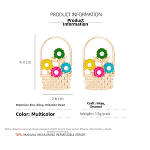 Detail of flower basket earrings with enamel blossoms and white faux pearls in zinc alloy