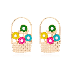 Flower Basket Dangle Earrings With Alloy Colorful Enamel Flowers And Faux Artificial Pearls Sweet Cartoon Style For Women