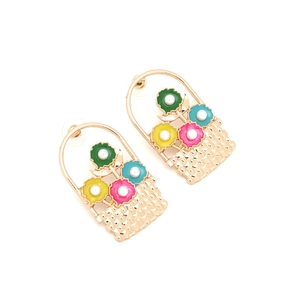 Charming flower basket earrings with colorful enamel flowers and pearls on gold-toned alloy