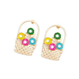 Cute gold-plated flower basket earrings with colorful enamel petals and white pearls