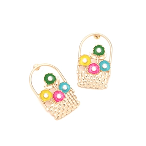 Cute golden flower basket earrings with colorful enamel petals and pearls on white base