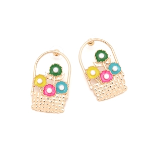 Sweet floral basket earrings with colorful enamel, pearls and gold finish on white backdrop