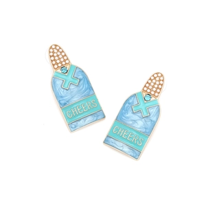 Boucles d'oreilles bouteille de champagne avec émail bleu, perles et texte Cheers doré
