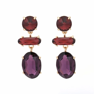 Elegant multi-layered geometric drop earrings with red and purple crystal gemstones