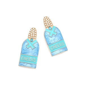 Boucles d'oreilles bouteille de champagne avec émail bleu clair et perles blanches Cheers