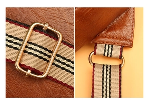 Detail of brown faux leather bag showing gold hardware and striped woven canvas strap