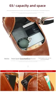 Detail view of brown pebbled leather crossbody bag with multiple functional compartments