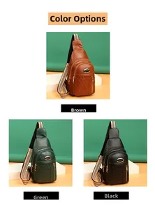 Detail view of fashion quilted leather chest bags in brown green and black colors