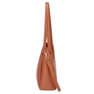 Brown faux leather tote bag with double shoulder straps and adjustable crossbody strap