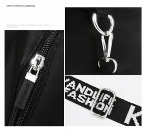 Detail of silver metal zipper pulls and branded nylon shoulder strap on black tote bag